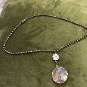 Elegant Silver Beaded Necklace with Crystal Pendant